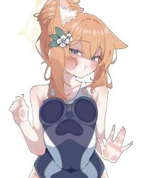 1girl against_fourth_wall against_glass animal_ear_fluff animal_ears black_one-piece_swimsuit blue_archive blue_eyes blush breasts cat_ears cheek_squash closed_mouth extra_ears fingernails flower hair_flower hair_ornament halo highres long_hair looking_at_viewer mari_(blue_archive) one-piece_swimsuit orange_hair school_swimsuit shaded_face simple_background small_breasts solo swimsuit trinity_general_school_swimsuit warabi_mochi_(w4rabimochi) white_background white_flower yellow_halo 