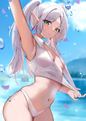  1girl arm_up armpits blue_sky blush breasts cloud commentary cowboy_shot crop_top day earrings frieren green_eyes highres jewelry looking_at_viewer midriff navel no_pants panties parted_lips pointy_ears sky small_breasts solo sousou_no_frieren squchan standing stomach twintails underwear white_hair white_panties  rating:Sensitive score:63 user:danbooru