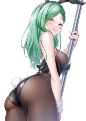  1girl :q animal_ears ass black_headband black_leotard black_pantyhose blush bodystocking braid breasts commentary_request cowboy_shot eyes_visible_through_hair fake_animal_ears fake_tail green_eyes hair_ornament headband highres hisame_shiki holding holding_pole large_breasts leotard long_hair looking_at_viewer pantyhose playboy_bunny pole purple_eyes rabbit_ears rabbit_tail red_nails simple_background skindentation smile solo strapless strapless_leotard stripper_pole tail tongue tongue_out virtual_youtuber vspo! white_background wrist_cuffs x_hair_ornament yakumo_beni 