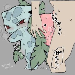  1boy bestiality blush breath claws closed_mouth creatures_(company) cum flower game_freak gen_1_pokemon grey_background half-closed_eyes heart highres ivysaur japanese_text leaf looking_at_another looking_back nintendo nose_blush pink_flower pokemon pokemon_(creature) red_eyes sex sex_from_behind simple_background sweat translation_request yamada_(pixiv_24040206)  rating:Explicit score:35 user:AngryZapdos