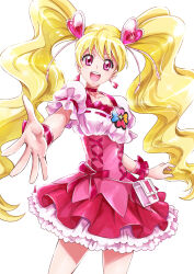  1girl :d absurdres blonde_hair blush choker commentary cure_peach dress earrings eyelashes fresh_precure! frilled_dress frills hair_ornament hairclip happy heart heart_earrings heart_hair_ornament highres jewelry long_hair looking_at_viewer magical_girl meme_attire momozono_love open_mouth pink_choker pink_dress pink_eyes pink_wrist_cuffs precure puffy_sleeves ribbon sharumon simple_background smile solo standing twintails virgin_killer_outfit white_background wrist_cuffs 