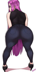  1girl alecto_0 ass ass_focus bad_id bad_twitter_id bent_over black_footwear denim fate/grand_order fate_(series) glasses high_heels highres jeans lips looking_back mature_female medusa_(fate) medusa_(rider)_(fate) pants purple_eyes purple_hair ribbed_sweater shadow sidelocks sleeveless sleeveless_sweater sweater thighs white_background  rating:Questionable score:153 user:danbooru