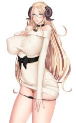 1girl animal_ears bare_shoulders baru_(val-val) bell belt black_panties blonde_hair blue_eyes breasts collar collarbone covered_erect_nipples curvy demon_girl female_focus female_pubic_hair glasses goat_ears goat_horns highres horns huge_breasts lips long_hair looking_at_viewer miniskirt nail_polish original panties panty_pull pubic_hair pussy simple_background skirt solo standing uncensored underwear upskirt white_background rating:Explicit score:51 user:Xander