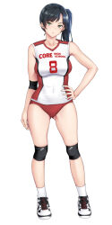  1girl asymmetrical_bangs black_hair breasts buruma closed_mouth collarbone commentary_request covered_navel elbow_pads full_body gluteal_fold green_eyes hand_on_own_hip jersey kneepits large_breasts long_hair looking_at_viewer nora_shinji original print_shirt red_buruma red_shirt shirt shoes side_ponytail sleeveless sleeveless_shirt sneakers socks solo sportswear two-tone_shirt volleyball_uniform white_background white_footwear white_shirt white_socks 