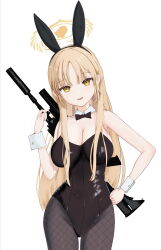  1girl absurdres animal_ear_hairband animal_ears assault_rifle bare_arms bare_shoulders black_bow black_bowtie black_hairband black_leotard black_pantyhose blonde_hair blue_archive bow bowtie breasts choppy_bangs cleavage contrapposto cowboy_shot detached_collar fake_animal_ears fishnet_pantyhose fishnets grenade_launcher gun gun_on_back hairband halo hand_on_own_hip highres leotard light_brown_hair long_hair looking_at_viewer m203 m4_carbine medium_breasts nijisanji pantyhose parted_bangs playboy_bunny rabbit_ear_hairband rabbit_ears rifle sister_claire skin_tight solo straight_hair strapless strapless_leotard traditional_bowtie tsuzuki_yakumo underbarrel_grenade_launcher virtual_youtuber weapon weapon_on_back wing_collar wrist_cuffs yellow_eyes yellow_halo 