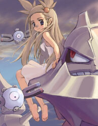  1girl arm_support bare_arms barefoot blonde_hair closed_mouth cloud cloudy_sky commentary_request creatures_(company) day dress feet game_freak gen_1_pokemon gen_2_pokemon hair_bobbles hair_ornament jasmine_(pokemon) long_hair looking_to_the_side lowres magnemite nintendo outdoors pokemon pokemon_(creature) pokemon_gsc riding riding_pokemon saitou_teikoku sitting sky soles steelix toes two_side_up white_dress 