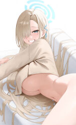  1girl asuna_(blue_archive) asymmetrical_bangs blue_archive blush bottomless breasts commentary_request couch hair_over_one_eye hair_ribbon halo highres kono_(xerondan321) large_breasts light_brown_hair long_hair looking_at_viewer lying navel on_couch on_side one_eye_covered ribbon shirt smile solo stomach underboob very_long_hair yellow_shirt 