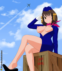  1girl aircraft airplane bare_legs breasts breasts_out brown_eyes brown_hair contrail flight_attendant grin happy highres legs looking_at_viewer medium_breasts neckerchief no_bra one_eye_closed outdoors salute shoe_dangle sitting smile solo suzumiya_haruhi suzumiya_haruhi_no_yuuutsu travel_attendant uniform wink  rating:Questionable score:5 user:binjbob