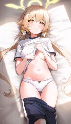  1girl bed_sheet black_shorts blue_archive blush breasts closed_mouth gluteal_fold gym_shirt gym_uniform halo hifumi_(blue_archive) highres hooming_illust light_brown_hair long_hair looking_at_viewer low_twintails medium_breasts navel panties shirt short_sleeves shorts solo twintails underwear white_panties white_shirt yellow_eyes yellow_halo 
