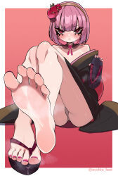  1girl absurdres barefoot blush ecchi-o feet hairband highres hololive hololive_english japanese_clothes looking_at_viewer medium_hair mori_calliope panties pantyshot pink_hair red_eyes sandals soles steam toes underwear virtual_youtuber zouri 
