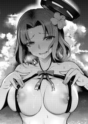 10s 1girl bad_id bad_pixiv_id breasts female_focus flower greyscale hair_flower hair_ornament halftone halo heavy_breathing hibiscus kantai_collection large_breasts mechanical_halo monochrome nakasone_haiji nipples open_mouth short_hair solo sweat tatsuta_(kancolle) rating:Questionable score:40 user:danbooru
