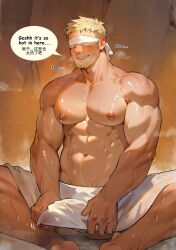  1boy abs absurdres ai-assisted bara blindfold blonde_hair dungeon_meshi english_text erection_under_towel facial_hair grin highres laios_touden large_pectorals male_focus miesicomic muscular muscular_male navel nipples pectorals penis penis_peek sauna short_hair sideburns_stubble sitting smile solo steaming_body stubble thick_eyebrows thighs topless_male wet_towel 