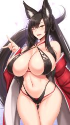 absurdly_long_hair akitsuki_karasu animal_ears areola_slip bare_shoulders black_hair blush breasts cleavage commentary_request covered_erect_nipples fang fox_ears fox_shadow_puppet gluteal_fold halterneck halterneck heart high_ponytail highres huge_breasts japanese_clothes kimono kitsune lips long_hair maman_(shuugetsu_karasu) mole mole_under_mouth navel off_shoulder one_eye_closed open_clothes open_kimono open_mouth original red_kimono sidelocks slingshot_swimsuit smile solo swimsuit thigh_gap very_long_hair wide_hips rating:Questionable score:87 user:danbooru