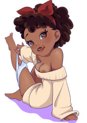 1girl areola_slip arm_at_side arm_support arm_up bare_shoulders barefoot blush bottomless breasts brown_eyes brown_hair dark-skinned_female dark_skin feet female_focus freckles from_behind full_body hair_ribbon happy heart heart-shaped_pupils highres knee_up leg_up legs licking_lips looking_at_viewer nail_polish no_shirt off-shoulder_sweater off_shoulder oira_wa_arumajiro open_mouth original outstretched_arm panties panty_pull pink_nails pulling_own_clothes red_ribbon ribbon short_hair simple_background sitting small_breasts smile solo sweater symbol-shaped_pupils teeth toenail_polish toenails tongue tongue_out underwear white_background white_panties yellow_sweater rating:Questionable score:107 user:AngryZapdos
