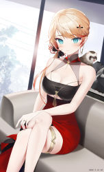  1girl absurdres azur_lane blonde_hair bow bracelet breasts brown_bow cleavage clothing_cutout couch crossed_legs dress earrings ferret gradient_hair hair_ribbon halter_dress halterneck hand_on_own_hip highres howe_(azur_lane) howe_(evening_marvels)_(azur_lane) jewelry long_hair medium_breasts multicolored_hair official_alternate_costume on_couch qingshanmoying ribbon ring sitting solo thigh_strap underboob_cutout  rating:General score:19 user:danbooru