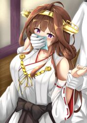  1boy 1girl absurdres admiral_(kancolle) bare_shoulders breasts brown_hair chloroform covering_another&#039;s_mouth detached_sleeves gloves gold_hairband hairband hand_over_another&#039;s_mouth highres indoors kantai_collection kongou_(kancolle) large_breasts purple_eyes sirokuro_daruma upper_body white_gloves white_sleeves wide_sleeves 