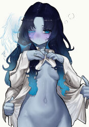  1girl absurdres blue_eyes blue_hair blue_skin blush breasts colored_skin commentary_request cracked_skin curtained_hair ekrea_jan elden_ring extra_arms extra_faces gradient_hair highres jewelry long_hair multicolored_hair navel no_headwear one_eye_closed ranni_the_witch ring simple_background small_breasts solo standing white_background 