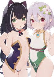 2girls :o absurdres animal_ear_fluff animal_ears antenna_hair bare_arms bare_hips bare_shoulders black_hair black_panties black_ribbon blush breasts cat_ears cat_girl closed_mouth collarbone cowboy_shot dress elf flower green_eyes hair_between_eyes hair_flower hair_ornament highres karyl_(princess_connect!) kokkoro_(princess_connect!) leaf loli long_hair looking_at_viewer low_twintails multicolored_hair multiple_girls navel neck_ribbon open_mouth panties panty_pull pointy_ears princess_connect! purple_eyes revealing_clothes ribbon short_hair simple_background sleeveless sleeveless_dress small_breasts smile stomach streaked_hair toki_(1243309499) twintails underwear very_long_hair waving white_background white_flower white_hair rating:Questionable score:50 user:danbooru