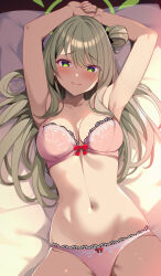  1girl absurdres arms_up bed blue_archive bra breasts cleavage from_above green_eyes hair_bun halo highres lace lace-trimmed_bra lace-trimmed_panties lace_trim large_breasts lingerie long_hair looking_at_viewer lying navel nonomi_(blue_archive) on_back on_bed origami_aya panties pink_bra pink_panties single_hair_bun single_side_bun solo stomach swept_bangs underwear underwear_only 