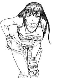  1girl bent_over breasts clothes_writing fingerless_gloves gloves greyscale hand_on_own_hip hand_on_own_knee hip_focus ishido_natsuo large_breasts long_hair midriff mixed_martial_arts monochrome natumiao navel shorts smile solo sports_bra teppu  rating:Sensitive score:36 user:danbooru