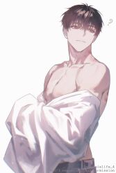  1boy ? bite_mark_on_chest brown_eyes brown_hair closed_mouth collarbone cowboy_shot highres jeong_taeui male_focus nipples pants passion_(manhwa) pectorals shirt simple_background solo topless_male twitter_username undressing white_background white_shirt whiteislife_4 