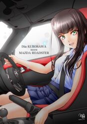  1girl black_hair blue_skirt blunt_bangs car_interior character_name commentary_request dated driving eunos_roadster green_eyes highres kurosawa_dia long_hair looking_at_viewer love_live! love_live!_sunshine!! mazda mazda_mx-5 mazda_mx-5_nd minami_(vivace_re_373) motor_vehicle open_mouth shirt signature skirt sleeveless sleeveless_shirt solo teeth upper_body upper_teeth_only vehicle_name white_shirt 