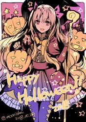  1girl :d blonde_hair bow bowtie cane dated dot_nose dress english_text ereshkigal_(fate) fate/grand_order fate_(series) hair_bow halloween halloween_costume happy_halloween highres holding jack-o&#039;-lantern katsushika_hokusai_(fate) legs_together looking_at_viewer open_mouth pantyhose pink_bow pumpkin purple_pantyhose red_dress red_eyes rioka_(southern_blue_sky) sash smile solo standing star_(symbol) twitter_username two_side_up yellow_bow yellow_bowtie  rating:Sensitive score:4 user:danbooru
