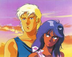  1980s_(style) 1boy 1girl afranshia_char blonde_hair blue_eyes cloud couple dusk everly_key gaia_gear green_eyes grin gundam key_visual kitazume_hiroyuki looking_at_another looking_to_the_side mullet official_art oldschool promotional_art purple_hair retro_artstyle scan smile tank_top traditional_media upper_body 