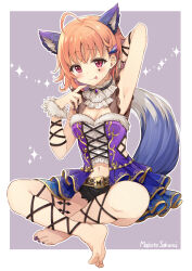  1girl :p ahoge animal_ears ankle_lace-up arm_behind_head armpits artist_name barefoot belt black_nails blush braid breasts brooch cleavage clothing_cutout commentary cross-laced_clothes cross-laced_footwear crossed_legs facial_mark feet finger_to_own_chin frills fur_cuffs fur_trim hair_ornament halloween halloween_costume highres jewelry kemonomimi_mode looking_at_viewer love_live! love_live!_school_idol_festival_all_stars love_live!_sunshine!! nail_polish navel orange_hair overskirt red_eyes ribbon sakurai_makoto_(custom_size) short_hair side_braid side_cutout signature sitting small_breasts solo sparkle tail takami_chika toenail_polish toenails tongue tongue_out twitter_username wolf_ears wolf_tail wrist_ribbon  rating:Sensitive score:10 user:danbooru