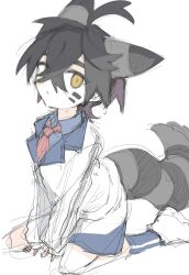  1boy animal_ears arched_back between_breasts black_hair breasts closed_mouth collared_shirt colored_inner_hair creatures_(company) crossed_bangs facial_mark game_freak hair_between_eyes hair_over_one_eye jacket kemonomimi_mode kieran_(pokemon) looking_at_viewer male_focus mitorizu_02 multicolored_hair necktie nintendo pokemon pokemon_sv purple_hair red_necktie shirt shoes short_hair shorts sitting sketch sneakers socks solo tail two-tone_hair whisker_markings white_jacket yellow_eyes  rating:General score:0 user:ImWastingMyLife