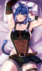  1girl :p abs absurdres alternate_breast_size animal_ears armpits arms_up bell black_choker black_overalls blue_eyes blue_hair bow bow_earrings breasts cat_ears cat_girl cat_tail choker commentary_request earrings elbow_gloves erasorpepero gloves half-skirt highres hololive hololive_english jewelry kemonomimi_mode large_breasts looking_at_viewer lying naked_overalls narrow_waist neck_bell on_back on_bed ouro_kronii overall_shorts overalls overskirt paid_reward_available pillow presenting_armpit see-through_overalls short_hair shorts sideless_outfit single_elbow_glove solo striped_clothes striped_gloves studded_choker tail thick_thighs thighs toned toned_female tongue tongue_out virtual_youtuber wide_hips wrist_cuffs 