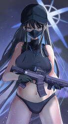  1girl absurdres bare_arms bare_shoulders baseball_cap black_gloves black_hair black_hat black_panties blue_archive blue_eyes commentary_request cowboy_shot crop_top gloves gun hat highres holding holding_gun holding_weapon long_hair looking_at_viewer mask midriff mouth_mask navel panties rifle saori_(blue_archive) shisei_(maeda_shisei) solo standing stomach thighs underwear very_long_hair weapon  rating:Sensitive score:12 user:danbooru