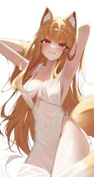 1girl absurdres animal_ear_fluff animal_ears armpits arms_behind_head arms_up blush breasts brown_hair commentary_request covered_navel cowboy_shot dress fangs g_gonor grin highres holo long_hair looking_at_viewer medium_breasts red_eyes shiny_skin side_slit sideboob simple_background sleeveless sleeveless_dress smile solo spice_and_wolf standing tail thighs very_long_hair white_background white_dress wolf_ears wolf_girl wolf_tail 