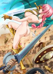  1boy 1girl armor ass back bare_legs bikini_armor boots bottomless braid braided_ponytail breasts brown_gloves butt_crack cape gladiator gloves helmet highres holding holding_sword holding_weapon jumping large_breasts long_hair looking_at_another looking_back looking_to_the_side no_panties nude nude_filter one_piece outdoors pink_eyes pink_hair rebecca_(one_piece) shiny_skin sideboob sky stadium sweat sweatdrop sword thighs third-party_edit torn_clothes weapon  rating:Questionable score:87 user:acidboy