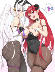 2girls absurdres animal_ears armpit_crease ass azur_lane black_bow black_bowtie black_gloves black_horns black_leotard black_pantyhose bow bowtie breast_press breasts cha_siu_bao condom covered_navel curled_horns detached_collar fake_animal_ears fake_tail fishnet_pantyhose fishnets from_side gloves hands_on_own_chest high_ponytail highres hindenburg_(azur_lane) hindenburg_(delirious_duel)_(azur_lane) holding holding_condom horns huge_breasts interlocked_mars_and_venus_symbols kearsarge_(all_night_charge)_(azur_lane) kearsarge_(azur_lane) large_breasts leotard long_hair looking_at_viewer mars_symbol multiple_girls official_alternate_costume open_mouth pantyhose pink_eyes playboy_bunny pointy_ears purple_eyes rabbit_ears rabbit_tail red_hair simple_background skindentation smile strapless strapless_leotard symmetrical_docking tail thigh_strap used_condom venus_symbol very_long_hair white_background white_hair white_leotard wrist_cuffs