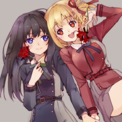  2girls :d ass belt black_hair blonde_hair blue_eyes blush brown_eyes buttons closed_mouth commentary_request eyelashes flower green_ribbon grey_background hair_ribbon hand_up holding holding_flower holding_hands inoue_takina long_hair long_sleeves lycoris_recoil multiple_girls neck_ribbon nishikigi_chisato open_mouth pleated_skirt red_ribbon ribbon simple_background skirt smile spider_lily tama_two_(fukuya) 