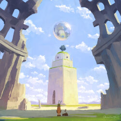  1boy abandoned animal_ears blue_sky building cloud day floating floating_object highres katou_oswaldo land_rover orb original outdoors rabbit_boy rabbit_ears scenery sky solo spacesuit tree 