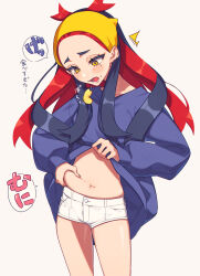  1girl alternate_hairstyle belly belly_grab black_hair carmine_(pokemon) colored_inner_hair creatures_(company) game_freak hair_between_eyes hairband highres long_hair miri_(cherryjelly) mole mole_under_eye muffin_top multicolored_hair navel nintendo open_mouth pinching pokemon pokemon_sv shorts two-tone_hair weight_conscious yellow_eyes yellow_hairband 
