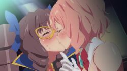  2girls @_@ animated blue_eyes blush bow bowtie brown_hair close-up drill_hair french_kiss gloves hair_ribbon kiss looking_at_another mask multiple_girls open_mouth pink_eyes pink_hair red_bow red_bowtie ribbon saliva saliva_trail short_hair silky_(silky_the_phantom_thief) silky_the_phantom_thief smile sweat totoro_on twin_drills video wavy_mouth white_gloves yuri  rating:Sensitive score:84 user:tanaab1234567890