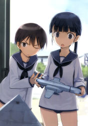 &gt;:( 2girls :o ;( absurdres aged_down black_eyes black_hair brown_eyes brown_hair child frown highres long_hair looking_at_viewer multiple_girls non-web_source one_eye_closed ponytail sakamoto_mio scan school_uniform serafuku shimada_fumikane short_hair skirt strike_witches strike_witches_zero swimsuit swimsuit_under_clothes v-shaped_eyebrows wakamoto_tetsuko world_witches_series