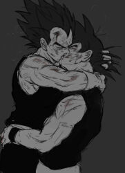  2boys after_battle bara blood blood_on_face couple cowboy_shot dragon_ball dragonball_z foreplay french_kiss from_side greyscale hand_in_another&#039;s_hair heavy_breathing highres kiss lifting_person male_focus mamefuku_(mamedehuku) monochrome multiple_boys muscular muscular_male profile son_goku standing thick_eyebrows unfinished vegeta yaoi 