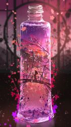  1girl artist_request bottle bridge cloud glass mountain petals river scenery silhouette star_(sky) sunset tagme tree water  rating:General score:0 user:Undeaddragon