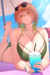  1girl aketa_mikoto ass beach beach_umbrella bikini blue_nails blush bracelet breasts brown_hair cleavage collarbone day dolphin_necklace drink drinking_straw earrings eyewear_on_head green_bikini highres holding holding_drink idolmaster idolmaster_shiny_colors jewelry kirou_(kiruyuu1210) large_breasts long_hair looking_at_viewer lying multicolored_eyes multicolored_hair nail_polish necklace on_stomach orange_hair parted_lips short_hair solo sunglasses sunlight swimsuit the_pose umbrella 