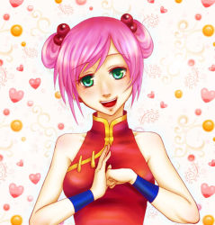  1990s_(style) china_dress chinese_clothes dress final_fantasy final_fantasy_v green_eyes lenna_charlotte_tycoon monk open_mouth pink_hair short_hair wristband yusope 