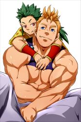 2boys abs age_difference armband blonde_hair blue_eyes blush breasts capelet carrying child_carry dororich facial_hair fang final_fantasy final_fantasy_vi gau green_hair hand_on_breast looking_at_another multiple_boys muscular muscular_male nipples pectorals piggyback ponytail pulling_another&#039;s_clothes red_eyes sabin_rene_figaro sitting size_difference smile smug_smile sweat sweatdrop tank_top teardrop