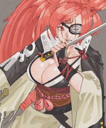  1girl amputee arc_system_works artist_request baiken big_hair breasts cleavage collarbone eyepatch facial_tattoo female_focus grey_background guilty_gear holding holding_sword holding_weapon jacket jacket_on_shoulders japanese_clothes katana kimono large_breasts long_hair matching_hair/eyes open_clothes open_jacket parted_lips pink_eyes pink_hair ponytail samurai sash scar scar_across_eye solo sword tattoo teeth torn_clothes torn_kimono torn_sleeves weapon 