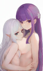 2girls absurdres blue_eyes blunt_bangs breast_press breasts closed_mouth commentary completely_nude english_commentary fern_(sousou_no_frieren) frieren grey_hair highres koko_sasuwo large_breasts long_hair looking_at_viewer multiple_girls nude pointy_ears purple_eyes purple_hair simple_background small_breasts smile sousou_no_frieren symmetrical_docking thick_eyebrows upper_body white_background rating:Questionable score:67 user:danbooru