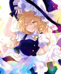  1girl arm_up black_vest blonde_hair bloom bow breasts hair_ribbon hat highres kirisame_marisa long_hair overexposure poprication ribbon simple_background small_breasts solo touhou tress_ribbon very_long_hair vest white_background white_bow witch_hat yellow_eyes 