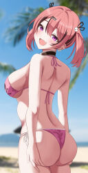  1girl alternate_costume artist_request ass ass_grab ass_support bare_shoulders bikini blush breasts deep_skin fang foguma from_behind goddess_of_victory:_nikke hair_ribbon head_tilt highres huge_ass large_breasts long_hair looking_at_viewer looking_back mast_(a_pirate&#039;s_heart)_(nikke) mast_(nikke) open_mouth pink_hair purple_eyes ribbon sideboob skin_fang smile solo swimsuit thong thong_bikini twintails  rating:Sensitive score:51 user:armorcrystal