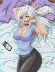  1girl absurdres bed black_cat_(marvel) black_pants blue_eyes bracelet breasts cellphone cleavage felicia_hardy highres jewelry large_breasts long_hair marvel open_mouth pants phone pillow ravernclouk_design short_sleeves smartphone spider-man_(series) traditional_media white_hair 